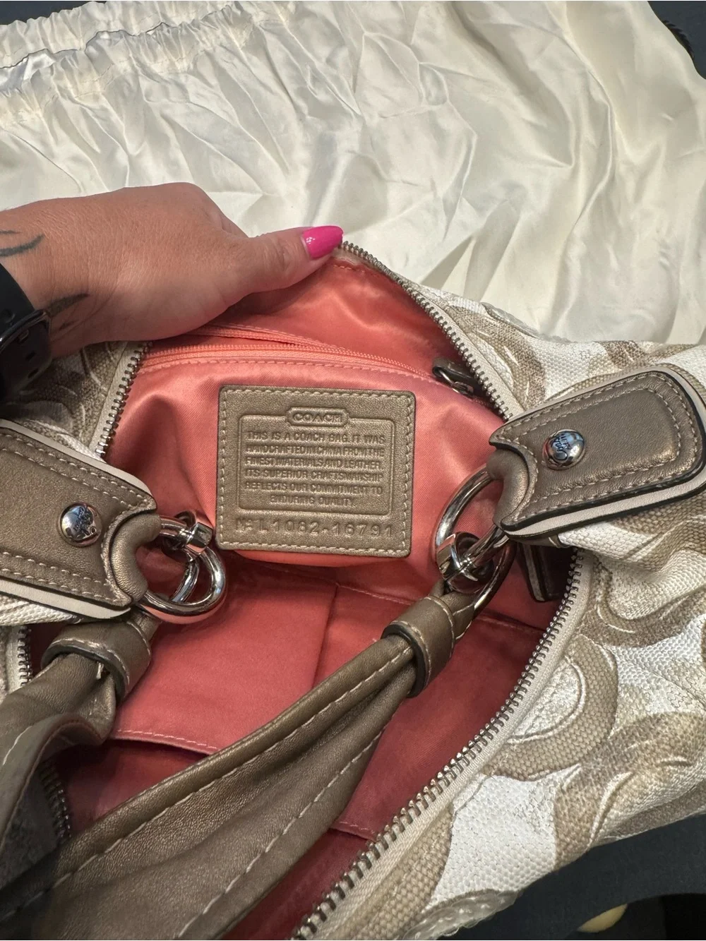 Coach Iridescent Signature Shoulder Bag in Taupe and Cream